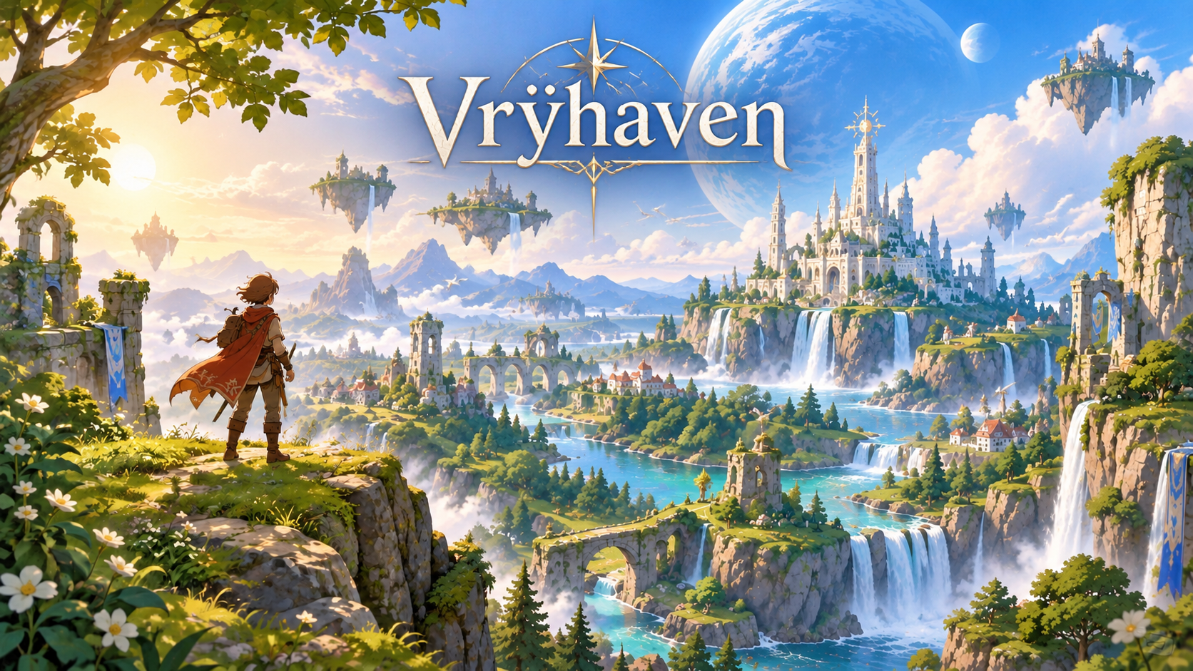 Vrÿhaven loading screen artwork showing floating islands, waterfalls and a fantasy castle